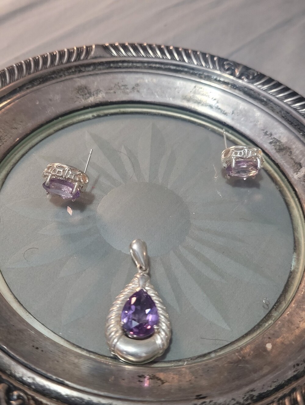 Sterling Silver Purple Teardrop Pendant and Stud Earrings Set